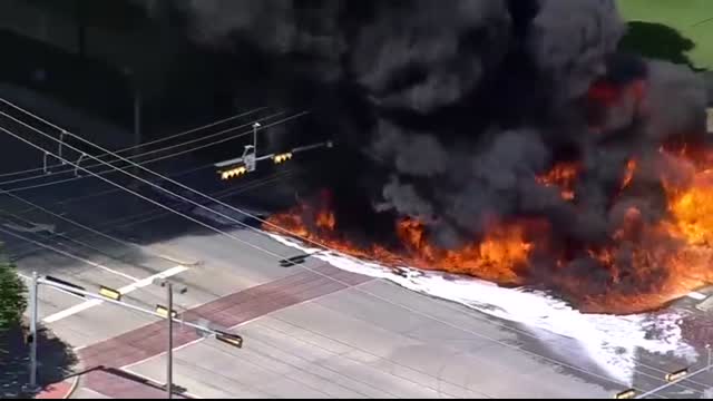 Tanker truck hauling 5,000 gallons of fuel catches fire in North Texas
