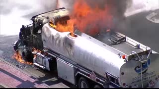 Tanker truck hauling 5,000 gallons of fuel catches fire in North Texas